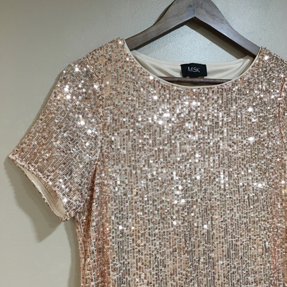 MSK Sequin Cocktail Dress Womens S Rose Gold Short Sleeve Party Glam Gala Event - Picture 2 of 9